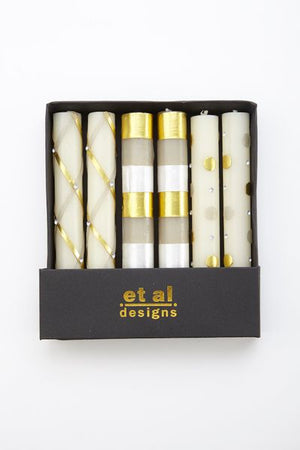 https://www.janeleslieco.com/products/Mackenzie-Childs Glow-ivory-grey-pearl-gold-taper-set